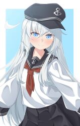 1girl anchor_symbol black_hat black_sailor_collar black_skirt blue_eyes cssvdwa2000 flat_cap grey_hair hair_between_eyes hat hibiki_(kancolle) highres kantai_collection long_hair long_sleeves neckerchief pleated_skirt red_neckerchief sailor_collar school_uniform serafuku skirt solo very_long_hair
