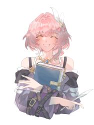 1girl ^_^ absurdres bare_shoulders book closed_eyes cyrene_(honkai:_star_rail) dress facing_viewer hair_intakes hair_ribbon highres holding holding_book honkai:_star_rail honkai_(series) jewelry long_sleeves necklace off-shoulder_dress off_shoulder pink_hair purple_dress ren_(yihuanbierhuanshaoyihuan) ribbon short_hair simple_background solo upper_body white_background white_ribbon