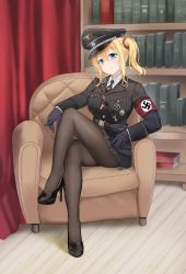 absurdres armband black_footwear black_gloves black_hat black_jacket black_pantyhose black_skirt blonde_hair blue_eyes book bookshelf breast_pocket breasts chair commission gloves hair_between_eyes hair_ornament hair_scrunchie hat hayasaka_ai high_heels highres indoors jacket kaguya-sama_wa_kokurasetai_~tensai-tachi_no_renai_zunousen~ large_breasts medium_hair military_jacket miniskirt nazi nazi_party_pin pantyhose peaked_cap pixiv_commission pleated_skirt pocket red_armband red_scrunchie scrunchie side_ponytail sidelocks siegrunen sitting skirt ss_insignia ss_uniform swastika thighs totenkopf unicron_(brous) waffen-ss wooden_floor