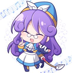1girl :d accord_sensei ascot black_cat blue_footwear blue_headwear blue_jacket blue_shirt cat chibi closed_eyes curly_hair full_body holding holding_pointer jacket long_hair long_sleeves musical_note open_clothes open_jacket open_mouth pointer pointing popoi_(puyopuyo) purple_hair puyopuyo round_eyewear shiohachi shirt skirt smile solo star_(symbol) very_long_hair white_ascot white_background white_skirt