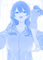 1girl barefoot blue_theme breasts collarbone commentary_request curtains getsuyoubi_no_tawawa highres himura_kiseki hood hooded_jacket jacket large_breasts legs long_sleeves looking_at_viewer medium_hair monochrome multiple_views open_mouth smile standing tonari-chan_(tawawa) zipper
