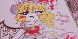 1girl absurdres alternate_breast_size alternate_costume blonde_hair blood blood_on_clothes blush bow breasts bronze crystal_wings drawing_(object) dress female_pov flandre_scarlet gold hair_between_eyes hat highres long_hair looking_at_viewer mob_cap non-web_source one_eye_closed pov red_dress red_eyes ribbon shiny_clothes shirt short_hair side_ponytail signature silver simple_background skirt smile solo teeth touhou touhou_lostword white_shirt