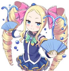 Rule 34 | 1girl, aqua (konosuba), aqua (konosuba) (cosplay), beatrice (re:zero), blonde hair, blue eyes, blue shirt, blue skirt, bow, bowtie, cosplay, detached sleeves, drill hair, green bow, green bowtie, hand fan, holding, holding fan, kono subarashii sekai ni shukufuku wo!, long hair, long sleeves, looking at viewer, miniskirt, re:zero kara hajimeru isekai seikatsu, s (hdru2332), shirt, sidelocks, skirt, smile, solo, symbol-shaped pupils, twin drills