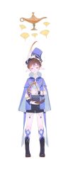 1boy ashuijing black_boots black_shorts blue_cloak blue_hat blue_jacket blue_sleeves blue_wrist_cuffs boots brown_hair cloak closed_mouth collared_cloak commentary english_commentary eyelashes flower full_body hair_flower hair_ornament harp hat hat_feather high-waist_shorts high_collar holding holding_instrument instrument jacket lamp leaf light_blush male_focus open_clothes open_jacket original pointy_ears rose shirt short_hair short_sleeves shorts simple_background smile solo straight-on turtleneck white_background white_flower white_rose white_shirt wrist_cuffs