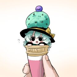 1girl 1other ? black_eyes black_hat blush character_name commentary_request food frilled_sleeves frills green_hair hat hat_ribbon heripantomorrow holding holding_ice_cream_cone ice_cream ice_cream_cone komeiji_koishi medium_hair mint_chocolate open_mouth peeking_out ribbon single_scoop solid_circle_eyes third_eye touhou yellow_ribbon