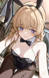 1girl absurdres alternate_costume animal_ear_hairband animal_ears bare_shoulders black_bow black_bowtie black_leotard black_pantyhose blonde_hair blush bow bowtie breasts closed_mouth collar commentary detached_collar english_commentary fake_animal_ears hairband highres indoors leotard long_hair looking_at_viewer pantyhose phoebe_(wuthering_waves) playboy_bunny purple_eyes rabbit_ear_hairband rabbit_ears ryeon_(naturesan) small_breasts solo strapless strapless_leotard tacet_mark_(wuthering_waves) white_collar wuthering_waves