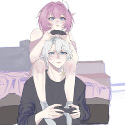 1boy 1girl bed black_shirt blue_eyes commentary controller couple cyrene_(honkai:_star_rail) game_controller gold_tattoo grey_socks gux05886478 hair_ornament hetero highres holding holding_controller holding_game_controller honkai:_star_rail honkai_(series) indoors neck_tattoo parted_lips phainon_(honkai:_star_rail) pink_hair playing_games shirt short_hair sitting_on_shoulder socks symbol-only_commentary tattoo white_hair