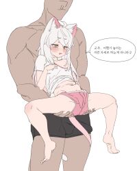 1boy 1girl absurdres ahoge animal_ear_fluff animal_ears barefoot blush boxer_briefs brown_eyes carrying carrying_person cat_ears cat_girl cat_tail clothes_lift dark-skinned_male dark_skin faceless faceless_male feet gya_rb hands_on_another&#039;s_ass highres kommy_(trickcal) korean_text legs loli long_hair male_underwear navel off_shoulder open_mouth pink_shorts shirt shirt_lift short_shorts shorts soles stomach tail tail_around_another&#039;s_leg tail_wrap thighs toes topless_male translation_request trickcal underwear white_hair white_shirt
