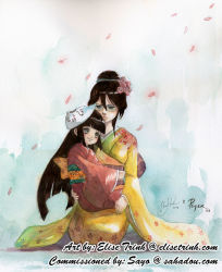 00s 2008 2girls age_difference black_hair blunt_bangs blush child elise_trinh flower glasses hair_bun hair_flower hair_ornament hair_up hime_cut japanese_clothes kagami_kuro kneeling kodomo_no_jikan lips long_hair mask multiple_girls onee-loli petals shirai_sae signature single_hair_bun sitting sitting_on_lap sitting_on_person smile watermark yuri