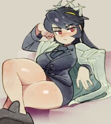 1girl alternate_costume black_eyeshadow black_hair breasts business_suit eyeshadow filia_(skullgirls) formal_clothes futakuchi-onna large_breasts living_hair long_hair makeup prehensile_hair red_eyes samson_(skullgirls) skullgirls suit thick_thighs thighs wamudraws