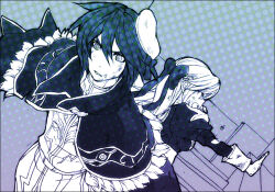 1boy 1girl bad_id bow capelet fur-trimmed_capelet fur_trim greyscale hair_bow halftone hat hat_bow high_priest_(ragnarok_online) high_wizard_(ragnarok_online) juliet_sleeves lala_(sputnik) long_hair long_sleeves monochrome open_mouth puffy_sleeves ragnarok_online sailor_hat shirt short_hair upper_body