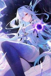 1girl absurdres black_hole breasts broken_glass dress floating_hair genshin_impact glass grey_hair highres long_hair looking_at_viewer magako parted_lips prosthesis prosthetic_arm prosthetic_leg reaching reaching_towards_viewer skirk_(genshin_impact) solo very_long_hair