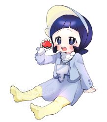 Rule 34 | 1girl, :d, absurdres, arched bangs, arm support, black eyes, black hair, blush stickers, commentary request, dress, full body, grey dress, grey jacket, grey pupils, hand up, happy, highres, holding, holding poke ball, jacket, long sleeves, nakajima lupus, nintendo, open clothes, open jacket, open mouth, pantyhose, poke ball, poke ball (basic), pokemon, pokemon sv, poppy (pokemon), see-through clothes, see-through skirt, shirt, simple background, sitting, skirt, smile, solo, teeth, tongue, translation request, upper teeth only, visor cap, watermark, white background, white shirt, yellow pantyhose