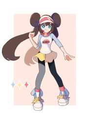 1girl black_pantyhose blue_eyes brown_hair closed_mouth double_bun full_body hair_bun highres long_hair looking_at_viewer nintendo pantyhose piyo_(toripoke710) pokemon pokemon_bw2 rosa_(pokemon) shirt shoes shorts smile solo three-quarter_sleeves twintails very_long_hair visor_cap yellow_shorts