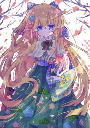 1girl absurdres asa_no_ha_(pattern) black_ribbon blonde_hair blue_eyes blush capelet commentary_request flower futaba969649 green_kimono green_skirt hair_flower hair_ornament hair_ribbon highres japanese_clothes kimono long_hair long_sleeves looking_at_viewer madou_monogatari official_alternate_costume purple_ribbon puyopuyo puyopuyo_quest ribbon skirt solo tree white_background white_capelet witch_(puyopuyo)
