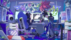 Rule 34 | 2girls, absurdres, computer, fami (yellow skies), headphones, headphones around neck, highres, indoors, monitor, multiple girls, official art, official wallpaper, pink hair, sitting, speaker, tearing up