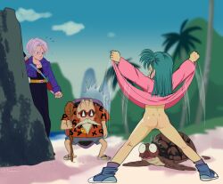 Rule 34 | 1girl, 2boys, absurdres, accidental pervert, ass, beach, bottomless, bulma, butt crack, dragon ball, dress, flashing, green hair, highres, long hair, looking at another, maho malice, multiple boys, muten roushi, no panties, nude, pink dress, pulling own clothes, shoes, sneakers, trunks (dragon ball), trunks (future) (dragon ball)