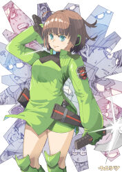 Rule 34 | 1girl, 6+boys, aqua eyes, brown hair, character request, clenched teeth, closed mouth, cowboy shot, dress, glasses, green dress, highres, konami kirie, multiple boys, short hair, smile, solo focus, sweat, teeth, umsisi, world trigger