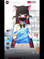 1girl alternate_costume alternate_hair_length alternate_hairstyle animal_ears apron apron_lift bare_arms bare_shoulders bell black_bow black_hair black_mask blue_apron blue_archive blunt_bangs blush bow breasts cat_ears cat_girl clothes_lift colored_inner_hair detached_collar earrings hair_ornament hairclip highres jewelry jingle_bell kazusa_(blue_archive) large_breasts lifting_own_clothes long_hair looking_at_viewer manli mask mouth_mask multicolored_hair naked_apron navel pink_eyes pink_hair recording sidelocks solo striped_bow two-tone_hair viewfinder