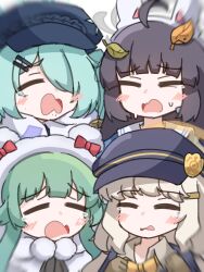 4girls animal_ear_hairband animal_ears animal_hood aoba_(blue_archive) black_hair blonde_hair blue_archive crying fake_animal_ears green_hair hair_ornament hairband hairpin halo hat highres hiyori_(blue_archive) hood miyu_(blue_archive) momiji_(blue_archive) multiple_girls nakashiro116