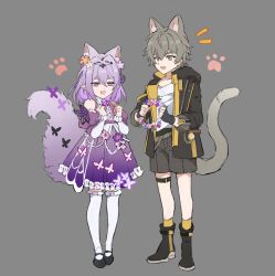 1boy 1girl absurdres aged_down animal_ear_fluff animal_ears animal_hands arm_ribbon bare_shoulders belt black_boots black_coat black_gloves black_shoes boots butterfly_ornament caelus_(honkai:_star_rail) castorice_(honkai:_star_rail) cat_ears cat_tail chain child clenched_hands coat collarbone colored_inner_hair commentary dress fingerless_gloves flower frills full_body gloves gold_chain grey_background grey_belt grey_hair grey_shorts hair_between_eyes hair_flower hair_ornament hands_up head_wreath highres holding holding_head_wreath honkai:_star_rail honkai_(series) hood hooded_coat kemonomimi_mode lapels layered_sleeves long_sleeves looking_at_another multicolored_hair notice_lines off-shoulder_dress off_shoulder open_clothes open_coat open_mouth papajay_(jennygin2) pink_flower pocket_watch pointy_ears puffy_short_sleeves puffy_sleeves purple_belt purple_dress purple_eyes purple_flower purple_hair ribbon shirt shoes short_hair short_over_long_sleeves short_sleeves shorts simple_background smile socks standing symbol-only_commentary t-shirt tail thigh_strap thighhighs trailblazer_(honkai:_star_rail) two-sided_coat two-sided_fabric watch white_flower white_shirt white_thighhighs yellow_coat yellow_eyes yellow_socks