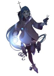 Rule 34 | 1girl, adapted turret, bad id, bad twitter id, black thighhighs, blue eyes, blue hair, blue neckerchief, cannon, coat, collared shirt, female focus, gloves, gradient hair, grey coat, highres, kantai collection, long hair, looking at viewer, machinery, multicolored hair, neckerchief, original remodel (kantai collection), samidare (kancolle), searchlight, ship turret, shirt, simple background, smile, smokestack, solo, swept bangs, thighhighs, torpedo launcher, uyama hajime, very long hair, white background, white gloves