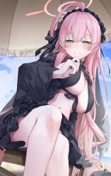 1girl absurdres ahoge beach bikini black_bikini black_bow black_headdress black_nails black_shrug black_skirt blue_archive blue_sky blush bow breasts closed_mouth commentary day green_eyes hair_between_eyes hair_bow halo hanako_(blue_archive) heimu_(heim_kstr) highres large_breasts long_hair long_sleeves ocean parasol pink_hair pink_halo sand shrug_(clothing) skirt sky solo swimsuit thighs umbrella