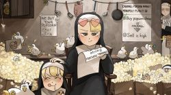 &gt;_&lt; 4girls ^_^ ^q^ baby_animal bag bird blonde_hair chair chicken chocolate_chip_cookie closed_eyes clumsy_nun_(diva) commentary cookie cupboard diva_(hyxpk) domino_mask drooling duck duckling earthworm english_commentary english_text eyewear_on_head far_cry far_cry_4 fishing_rod food froggy_nun_(diva) frying_pan goose habit headpat heart heart-shaped_eyewear highres holding holding_cookie holding_food holding_map kitchen ladle little_nuns_(diva) map mask mole_(animal) motion_blur multiple_girls nervous_sweating nun oven_mitts paper_bag popcorn poster_(object) recipe_(object) running shaded_face sign smirk spatula spicy_nun_(diva) star_(symbol) star_nun_(diva) sweat sweatdrop theft tinted_eyewear tongue tongue_out traditional_nun worm x yellow_eyes