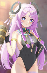 1girl absurdres bare_shoulders black_gloves black_leotard blue_eyes blush braid breasts citlali_(genshin_impact) commentary_request cup facial_mark fingerless_gloves floating_headgear forehead_mark genshin_impact gloves hand_up headgear heattech_leotard highleg highleg_leotard highres holding holding_cup hyakuya_iori leotard long_hair looking_at_viewer medium_breasts parted_lips pink_pupils purple_hair signature solo tankard triangle triangle_facial_mark turtleneck twin_braids twitter_username very_long_hair