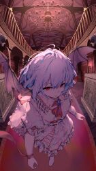 1girl absurdres ascot bat_wings blue_hair brooch carpet chandelier commentary_request frilled_shirt_collar frilled_skirt frills hair_between_eyes highres indoors jewelry looking_at_viewer pillar pink_shirt pink_skirt puffy_short_sleeves puffy_sleeves railing red_ascot red_carpet red_eyes remilia_scarlet shirt short_hair short_sleeves skirt solo statue touhou walking white_shirt white_skirt wings yuara