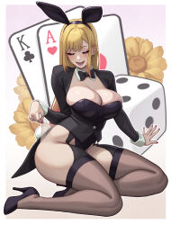 1girl absurdres ace_(playing_card) ace_of_hearts animal_ears black_bow black_leotard black_shoes blonde_hair bow bowtie breasts card closed_eyes commentary dice ear_piercing earrings english_commentary fake_animal_ears gradient_hair heart high_heels highres jewelry king_(playing_card) king_of_clubs kitagawa_marin large_breasts leotard long_hair long_sleeves lower_teeth_only multicolored_hair nail_polish open_mouth pantyhose piercing pink_nails playboy_bunny playing_card rabbit_ears rabbit_tail riz shoes shrug_(clothing) solo sono_bisque_doll_wa_koi_wo_suru tail teeth thighhighs thighs traditional_bowtie very_long_hair