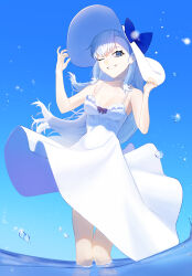 1girl blue_eyes blue_hair breasts colored_tips dress hat highres hololive hololive_indonesia kobo_kanaeru liquid_hair long_hair medium_breasts multicolored_hair ocean one_eye_closed takgi virtual_youtuber water white_dress