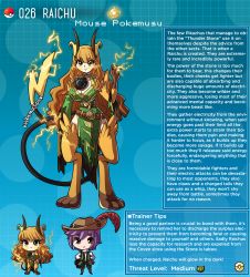 1boy 1girl animal_ears artist_name blonde_hair breasts brown_eyes burnt_clothes character_profile collar commentary creatures_(company) electricity english_commentary english_text game_freak gen_1_pokemon highres kinkymation large_breasts long_hair nintendo personification pokemon profile purple_hair raichu tail very_long_hair