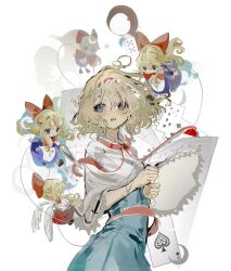 1girl alice_margatroid blonde_hair blue_dress blue_eyes blush bow capelet card doll dress hair_between_eyes hairband highres hourai_doll lolita_hairband medium_hair puppet_strings red_bow sesmkun shanghai_doll short_sleeves solo touhou white_background