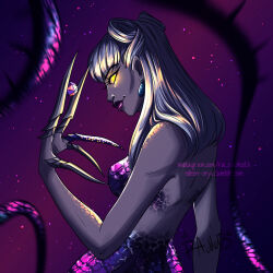 1girl breasts claw_(weapon) claws colored_skin demon_girl evelynn_(league_of_legends) from_side glowing glowing_eye highres league_of_legends looking_at_viewer medium_breasts mermaid monster_girl purple_skin ra_chelb scales smile solo weapon white_hair yellow_eyes
