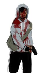 Rule 34 | 1boy, :|, bag, bags under eyes, black gloves, black hair, blood, blood on clothes, blood on face, blood on hands, bloodshot eyes, closed mouth, cowboy shot, cry of fear, fingerless gloves, gloves, grey hoodie, gun, handgun, highres, holding, holding gun, holding weapon, hood, hood up, hoodie, looking at viewer, raccozan, short hair, shoulder bag, simon henriksson, simple background, solo, weapon, white background