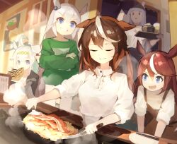 5girls ahoge animal_ears beads blue_eyes brown_dress brown_hair chopsticks closed_eyes closed_mouth collared_shirt commentary_request cooking crossed_arms dress eating green_shirt griddle grin hair_beads hair_ornament harufude highres holding holding_chopsticks holding_spatula holding_tray horse_ears horse_girl long_hair long_sleeves looking_at_another multicolored_hair multiple_girls oguri_cap_(umamusume) open_mouth pants pinafore_dress shirt short_sleeves sleeveless sleeveless_dress smile spatula steam streaked_hair symboli_rudolf_(umamusume) tamamo_cross_(umamusume) tokai_teio_(umamusume) tray two-tone_hair umamusume very_long_hair white_hair white_pants white_shirt