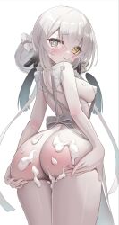 Rule 34 | 1girl, :t, absurdres, apron, ass, atelier (series), atelier ryza, atelier ryza 3, azur lane, blush, breasts, from behind, grey eyes, hair between eyes, hair ornament, heterochromia, highres, humo, kala ideas, kala ideas (chief turned chef), looking at viewer, looking back, medium breasts, naked apron, official alternate costume, pout, simple background, solo, spread ass, standing, suggestive fluid, white apron, white background, white hair, yellow eyes