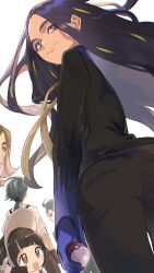 2boys 3girls absurdres ahoge androgynous arched_bangs ass back bad_tag black_hair black_jacket black_necktie black_pants blonde_hair blue_eyes blue_gloves blue_shirt blush_stickers bonnet closed_mouth collared_shirt creatures_(company) dark-skinned_female dark_skin dress ear_piercing game_freak geeta_(pokemon) gloves green_hair grey_dress grey_hair grey_pupils hassel_(pokemon) highres jacket larry_(pokemon) long_hair long_sleeves multicolored_hair multiple_boys multiple_girls necktie nintendo open_mouth pants parted_bangs piercing pokemon pokemon_sv ponytail poppy_(pokemon) reverse_trap ribbon rika_(pokemon) salaryman shirt short_hair solo_focus streaked_hair suspenders thick_eyebrows two-tone_hair unu_(uacj3434) visor_cap yellow_ribbon