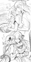 2girls anisphia_wynn_palettia apron blush closed_eyes commentary_request contemporary cooking cooking_pot dishwashing euphyllia_magenta greyscale kiss kissing_cheek kissing_neck koyomania long_hair medium_hair monochrome multiple_girls plate tensei_oujo_to_tensai_reijou_no_mahou_kakumei yuri