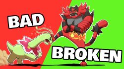 aqua_eyes cat_tail claws closed_eyes colored_sclera commentary crossed_arms fighting full_body game_freak gameplay_mechanics gen_2_pokemon gen_7_pokemon highres humiliation incineroar light_smile looking_at_another meganium nintendo open_mouth pokemon pokemon_(creature) running sergiromero simple_background standing standing_on_one_leg tail teeth two-tone_background yellow_sclera