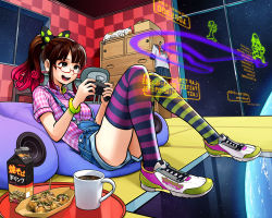 1girl brown_hair calico_(pattern) cat controller female_focus food game_controller gamepad glasses gradient_hair hologram juice kiharatotsunori kotaku kotaku-tan multicolored_hair original overalls pink_hair playing_games solo striped_clothes striped_thighhighs takoyaki thighhighs