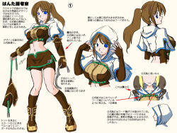 1girl blue_eyes boots breasts brown_boots brown_gloves brown_hair brown_shirt brown_shorts brown_skirt brown_socks closed_mouth commentary_request cropped_jacket elbow_gloves expressionless fingerless_gloves full_body gloves high_ponytail hood hood_up hooded_jacket hunter_(ragnarok_online) jacket long_hair looking_at_viewer medium_breasts midriff miniskirt multiple_views navel pointing_out_the_details ponytail ragnarok_online shirt short_shorts short_sleeves shorts shorts_under_skirt simple_background skirt socks standing tatsumi_ray translation_request white_jacket