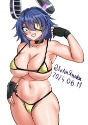 1girl absurdres alternate_costume bikini black_choker black_gloves breasts choker eyepatch fingerless_gloves floating_headgear gloves headgear highres kantai_collection katou_shinobu large_breasts navel purple_hair short_hair skindentation smile solo standing swimsuit tenryuu_(kancolle) yellow_bikini yellow_eyes