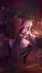 1girl absurdres ahoge black_boots black_gloves blue_eyes book boots bow breasts cake cake_slice camera candlestand carlotta_(wuthering_waves) chair closed_mouth commentary cup dahai_zhijian dress drinking_glass food gloves hair_bow high_heel_boots high_heels highres holding holding_cup indoors jacket looking_at_viewer medium_breasts on_chair phonograph pink_bow pink_jacket sitting solo striped_bow thigh_boots white_dress wuthering_waves