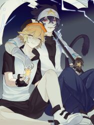 2boys absurdres animal_ears aotu_world arrow_(symbol) bandana baseball_cap black_gloves black_hair black_pants black_shirt black_shorts blonde_hair blue_pants cat_boy cat_tail closed_eyes closed_mouth collarbone electricity fingerless_gloves gloves glowing hair_between_eyes hammer hat headband highres holding holding_hammer holding_weapon hood hoodie jacket kemonomimi_mode king_(aotu_world) lightning_bolt_symbol looking_at_viewer male_focus multiple_boys pants parted_lips pointy_ears purple_eyes ray_(aotu_world) shangwomifou shirt shoes short_hair short_sleeves shorts sitting smile sneakers star_(symbol) star_print tail weapon white_gloves white_headband white_hoodie white_jacket white_shoes yaoi