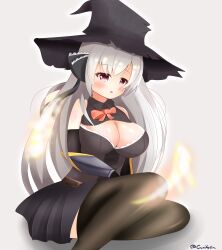 1girl absurdres black_gloves black_skirt blush bow bowtie breasts brown_thighhighs cleavage cleavage_cutout clothing_cutout corset fall_in_labyrinth gloves grey_background grey_hair hat highres large_breasts leaze_hraesvelgr long_hair miniskirt orange_bow orange_bowtie pink_eyes skirt sleeveless solo takki_(crucifyex) thighhighs very_long_hair witch_hat