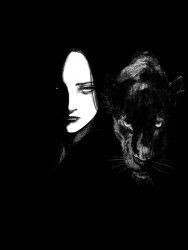 1girl animal black_background black_hair dog greyscale highres long_hair looking_at_viewer monochrome original partially_shaded_face solo straight-on tp_p_pt