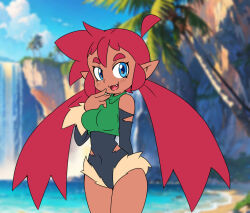 1girl aokushan big_hair blue_eyes blue_sky breasts clothing_cutout cloud cloudy_sky colored_skin cropped_jacket doubleshake fang fur-trimmed_sleeves fur_trim green_jacket happy horizon jacket loam_(doubleshake) one-piece_swimsuit outstretched_arms shoulder_cutout sky sleeveless sleeveless_jacket spiked_hair spread_arms swimsuit