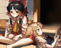 2girls apron ascot bare_shoulders black_hair black_vest blonde_hair book bow braid collar detached_sleeves frilled_bow frilled_collar frilled_hair_tubes frills hair_bow hair_tubes hakurei_reimu highres holding holding_book kirisame_marisa lying lying_on_person mendako_(mendaco_e) multiple_girls reading red_bow red_eyes red_shirt red_skirt ribbon-trimmed_sleeves ribbon_trim shirt side_braid single_braid skirt skirt_set touhou vest waist_apron white_shirt yellow_ascot yellow_eyes